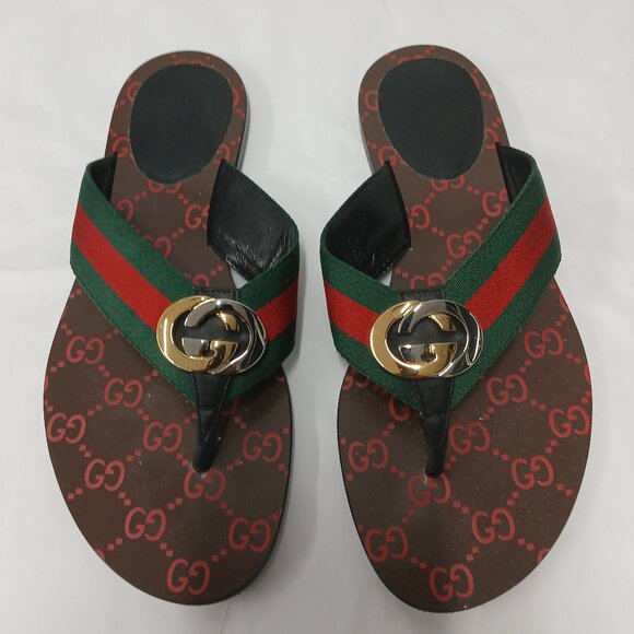 Gucci Shoes - Gucci Interlocking GG Logo Flip Flops with Red and Green Stripes
